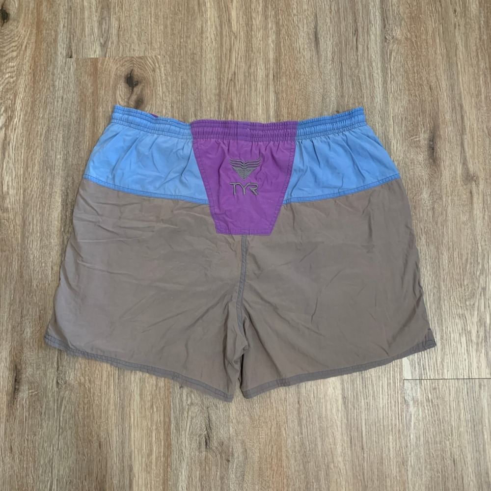 Vintage 90s TYR color-block swim shorts in blue purple gray - size small mens